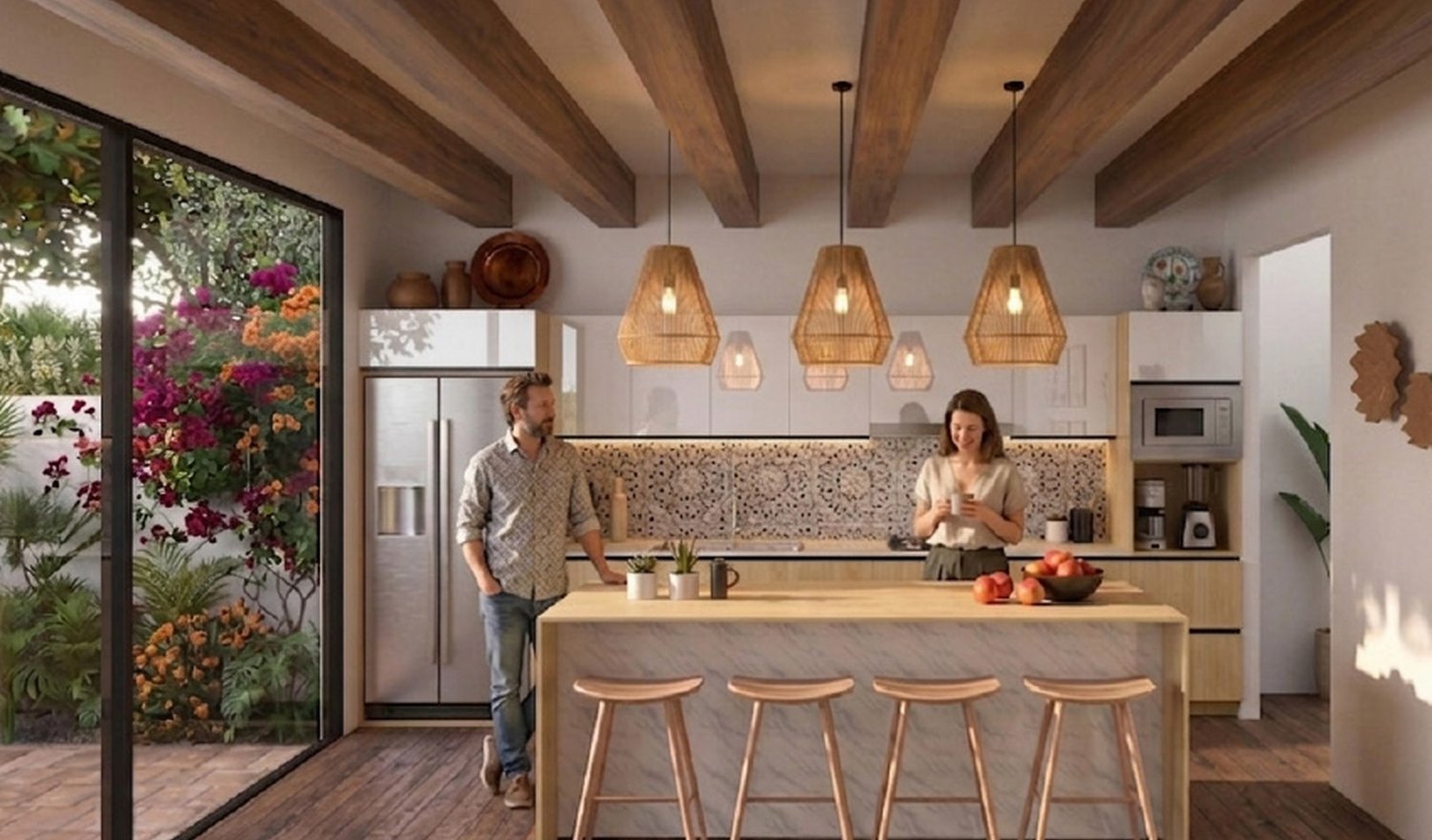 Cocina lineal con isla y acabados cálidos